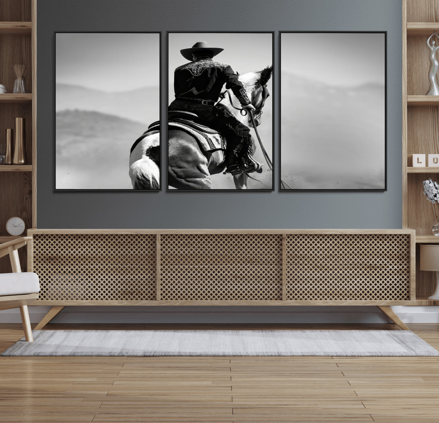 83102464-MGV-CV-36X24-Western Cowboy Wall Art Canvas Print, Framed Monochrome Horse Art Picture Print, Western Equestrian Perfect Rustic Western Decor