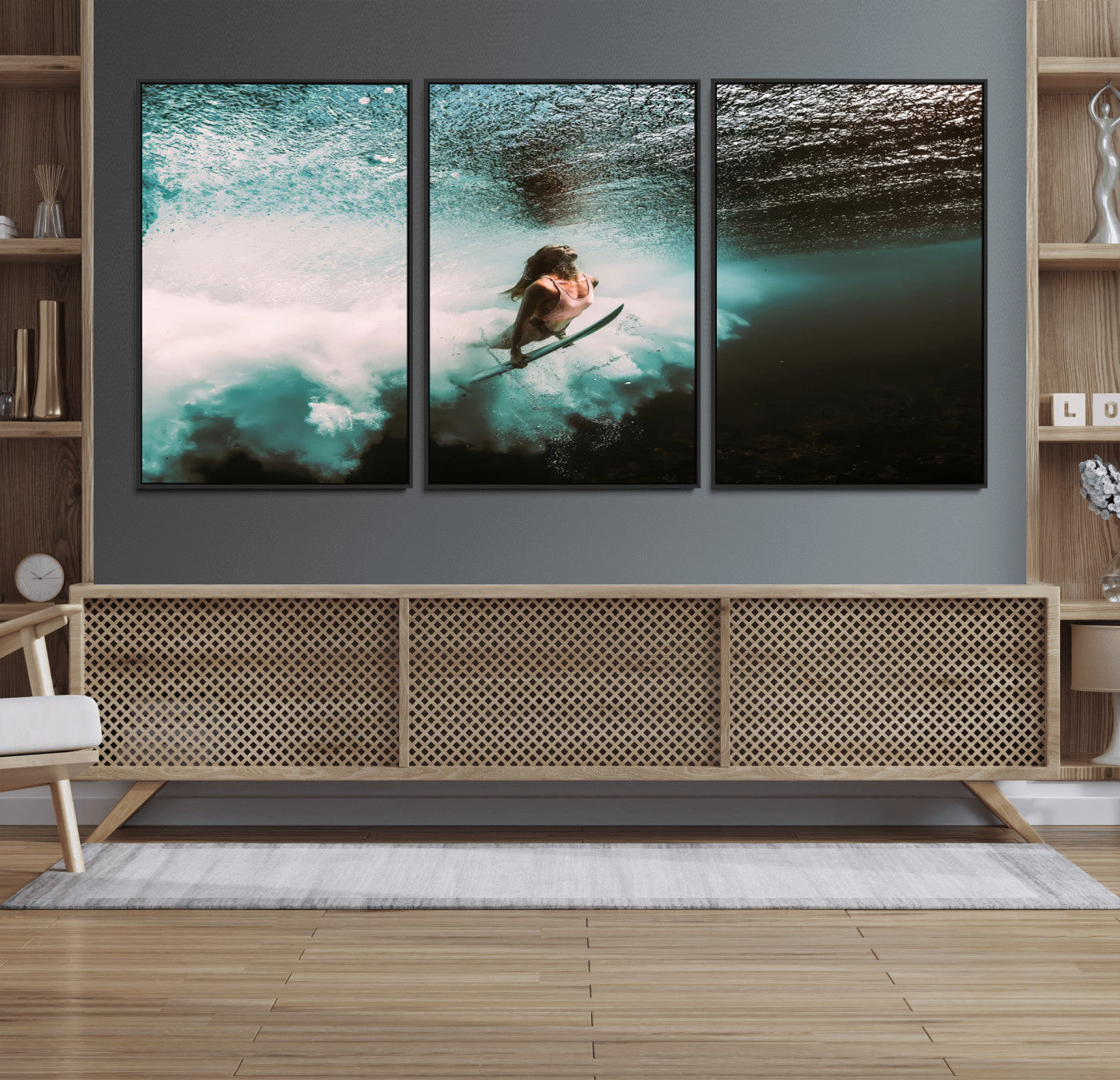 85923512-MGV-CV-36X24-Aquatic Motion Wall Art Canvas Print, Framed Underwater Swimming Art Picture Print, Female Surfer Diving Perfect Coastal Boho