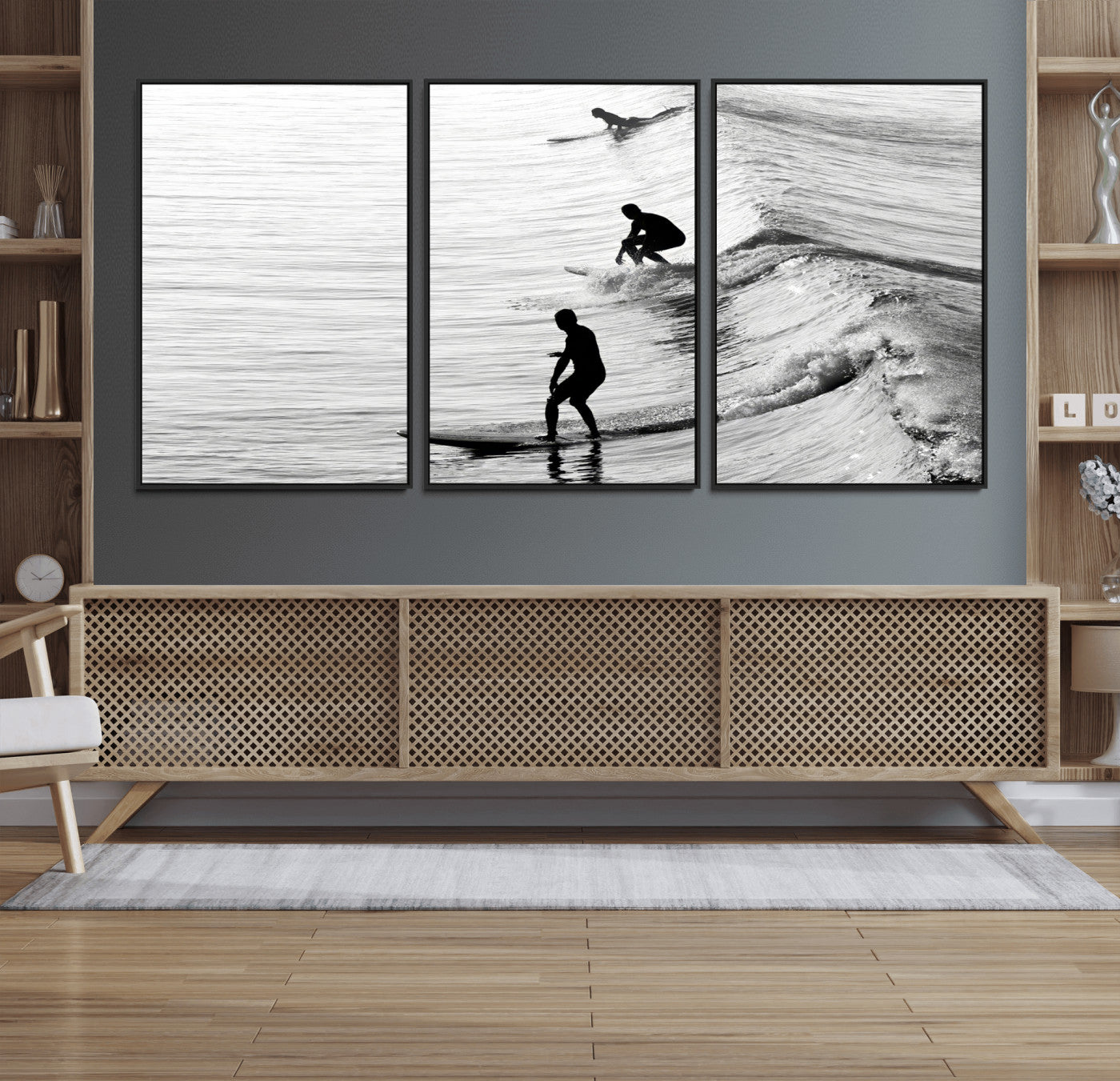 19875284-MGV-FC-60X30-3P_Black-Surfer Waves Wall Art Canvas Print, Framed Black White Surf Art Picture Print, Monochrome Ocean Perfect Modern Coastal Decor
