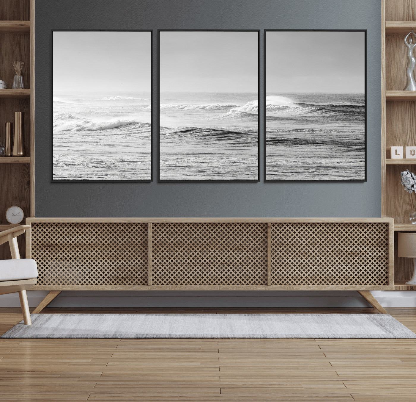 98634812-MGV-FC-60X30-3P_Black-Black and White Ocean Waves Wall Art – Minimalist Sea Canvas Print, Coastal Photography Decor for Living Room, Bedroom or Office