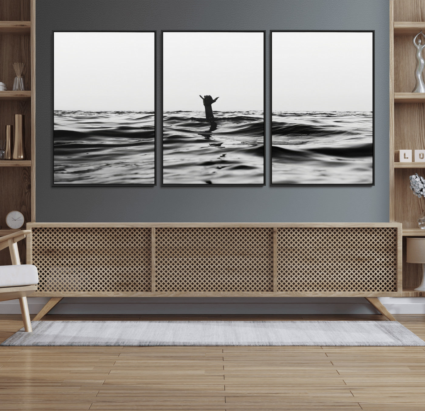 69541918-MGV-FC-60X30-3P_Black-Black White Ocean Wall Art Canvas Print, Framed Moody Seascape Art Picture Print, Surfer Sign Perfect Moody Minimalist Decor