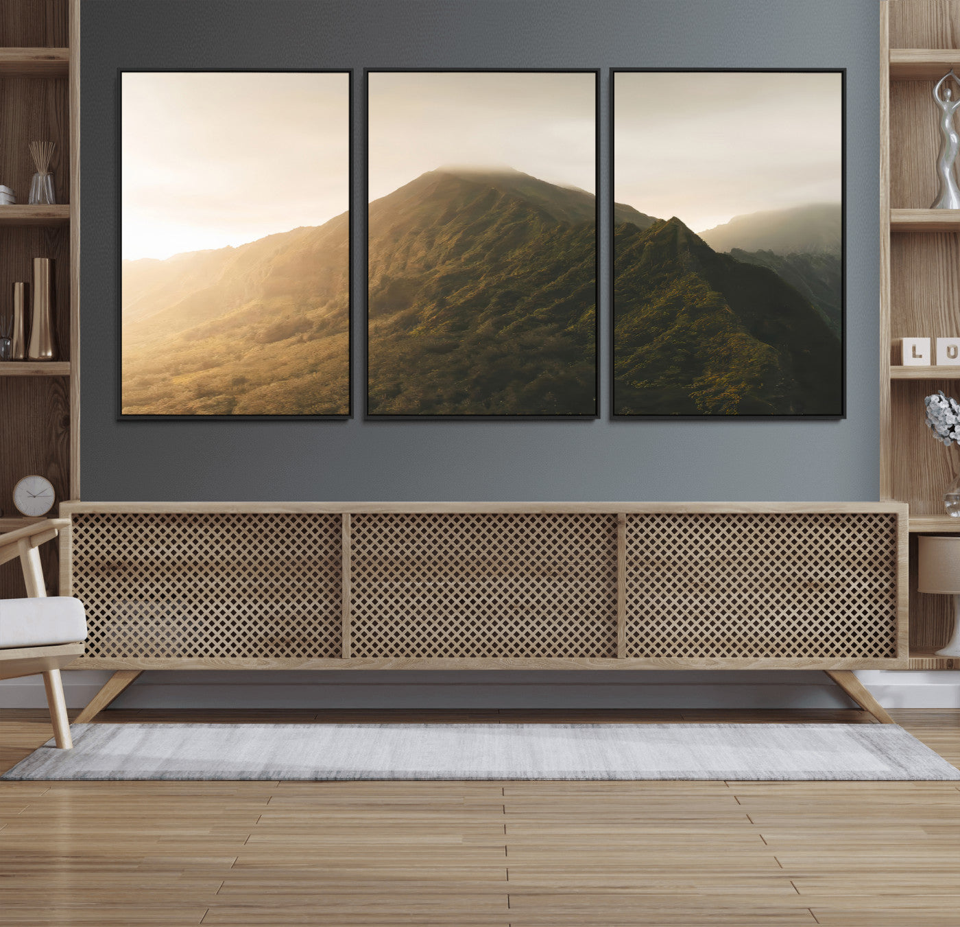 42338636-MGV-CV-36X24-Golden Mountain Wall Art Canvas Print, Framed Misty Summit Art Picture Print, Rugged Landscape Perfect Moody Wilderness Decor