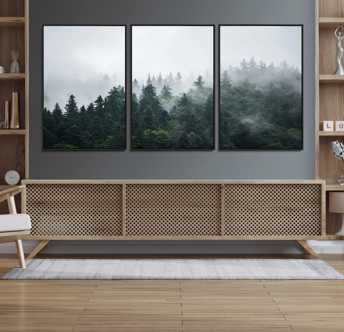84146572-MGV-FC-60X30-3P_Black-Foggy Pine Trees Wall Art Canvas Print, Framed Forest Nature Art Picture Print, Evergreen Forest Perfect Scandinavian Minimalist