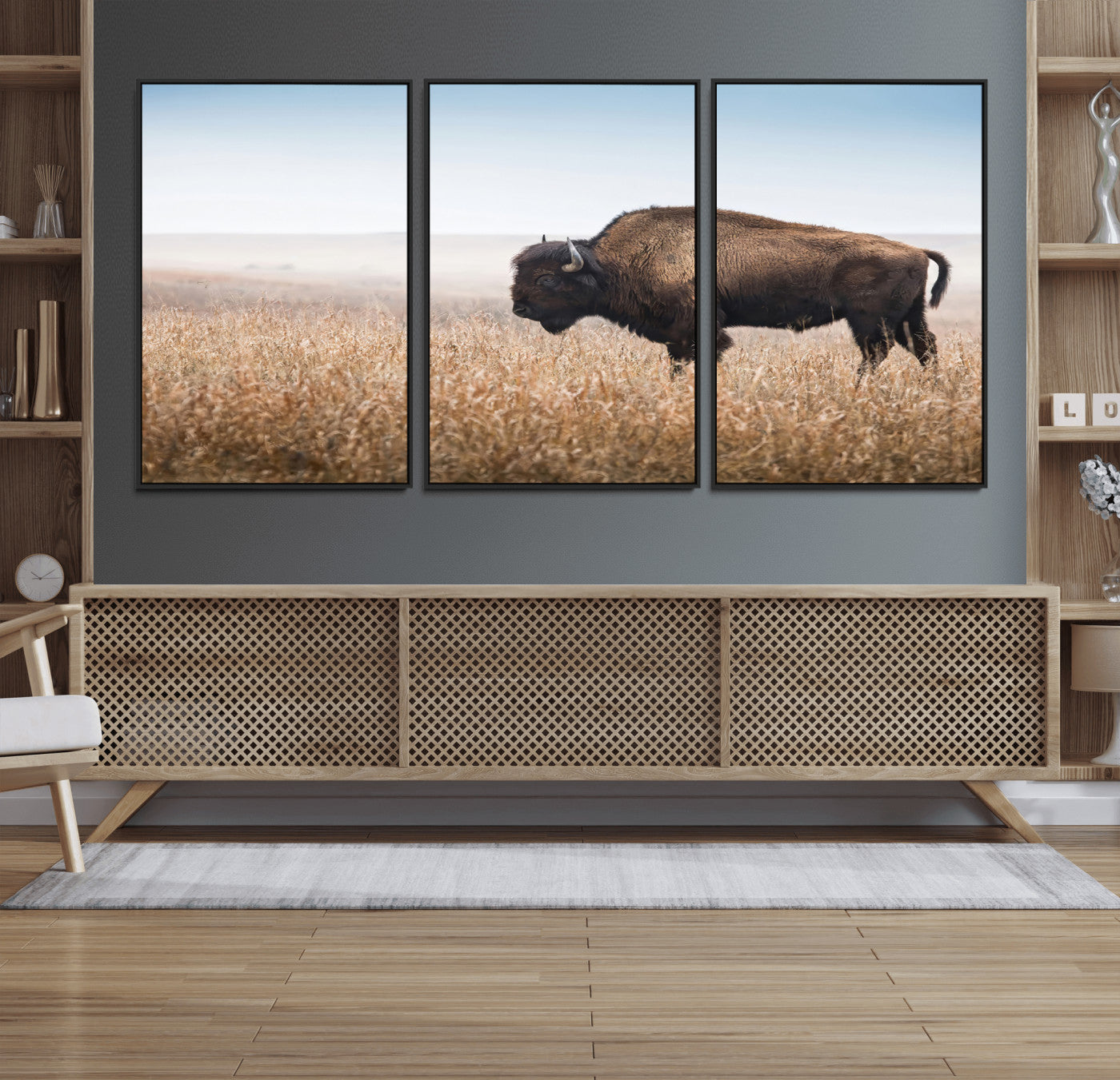 99620201-MGV-CV-36X24-Wild Bison Wall Art Canvas Print, Framed Bison in Prairie Art Picture Print, Rustic Western Perfect Rustic Western Decor Artwork