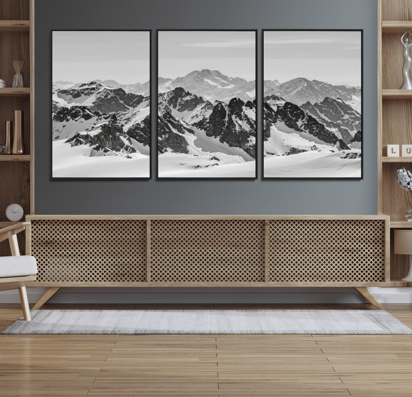46884246-MGV-FC-60X30-3P_Black-Snowy Mountain Wall Art Canvas Print, Framed Mountain Peaks Art Picture Print, Alpine Mountains Perfect Minimalist Alpine Decor