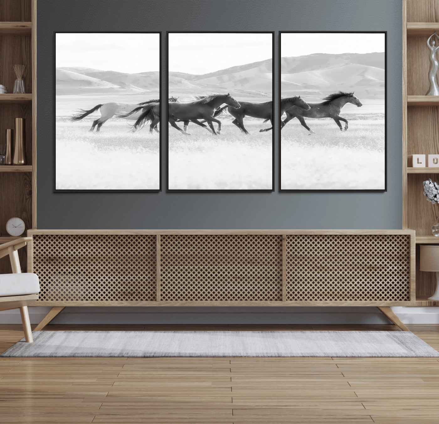 69934913-MGV-FC-60X30-3P_Black-Wild Horses Running Wall Art Canvas Print, Framed Black White Mustangs Art Picture Print, Rustic Western Perfect Rustic Western