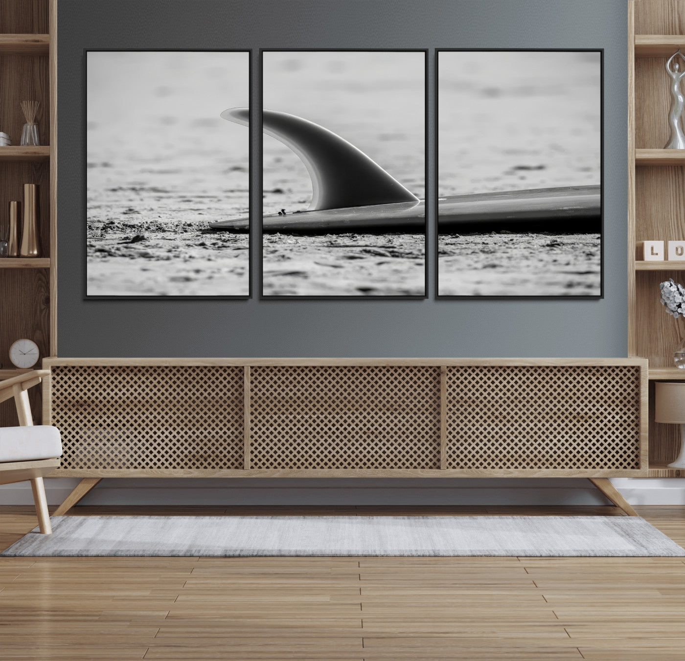 62314230-MGV-FC-60X30-3P_Black-Black White Surfboard Wall Art Canvas Print, Framed Minimalist Beach Art Picture Print, Surf Fin Perfect Minimalist Coastal Decor