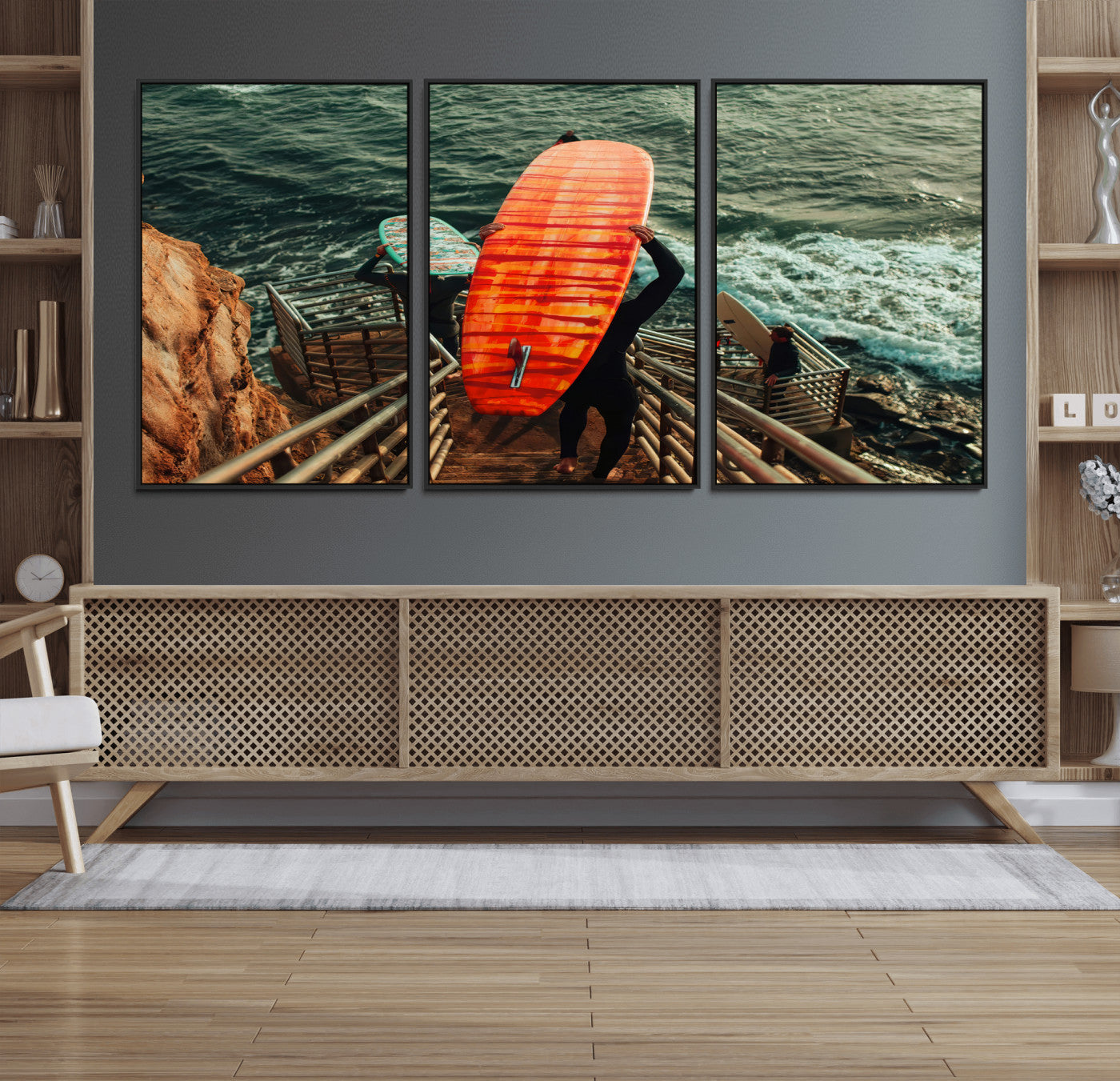 84555848-MGV-CV-36X24-Surfer Stairway Wall Art Canvas Print, Framed Ocean Surf Art Picture Print, Sunset Coastal Perfect Coastal Adventure Decor Artwork
