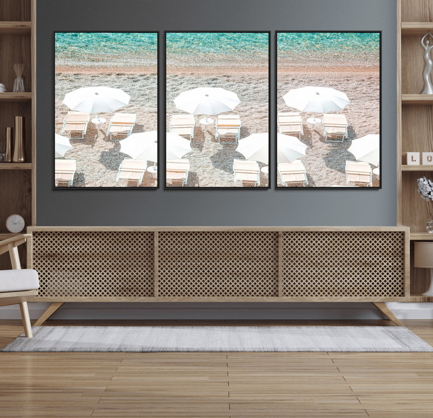 83736167-MGV-CV-36X24-Calm Beach Wall Art Canvas Print, Framed Turquoise Water Art Picture Print, Umbrella Shoreline Perfect Coastal Minimalist Decor