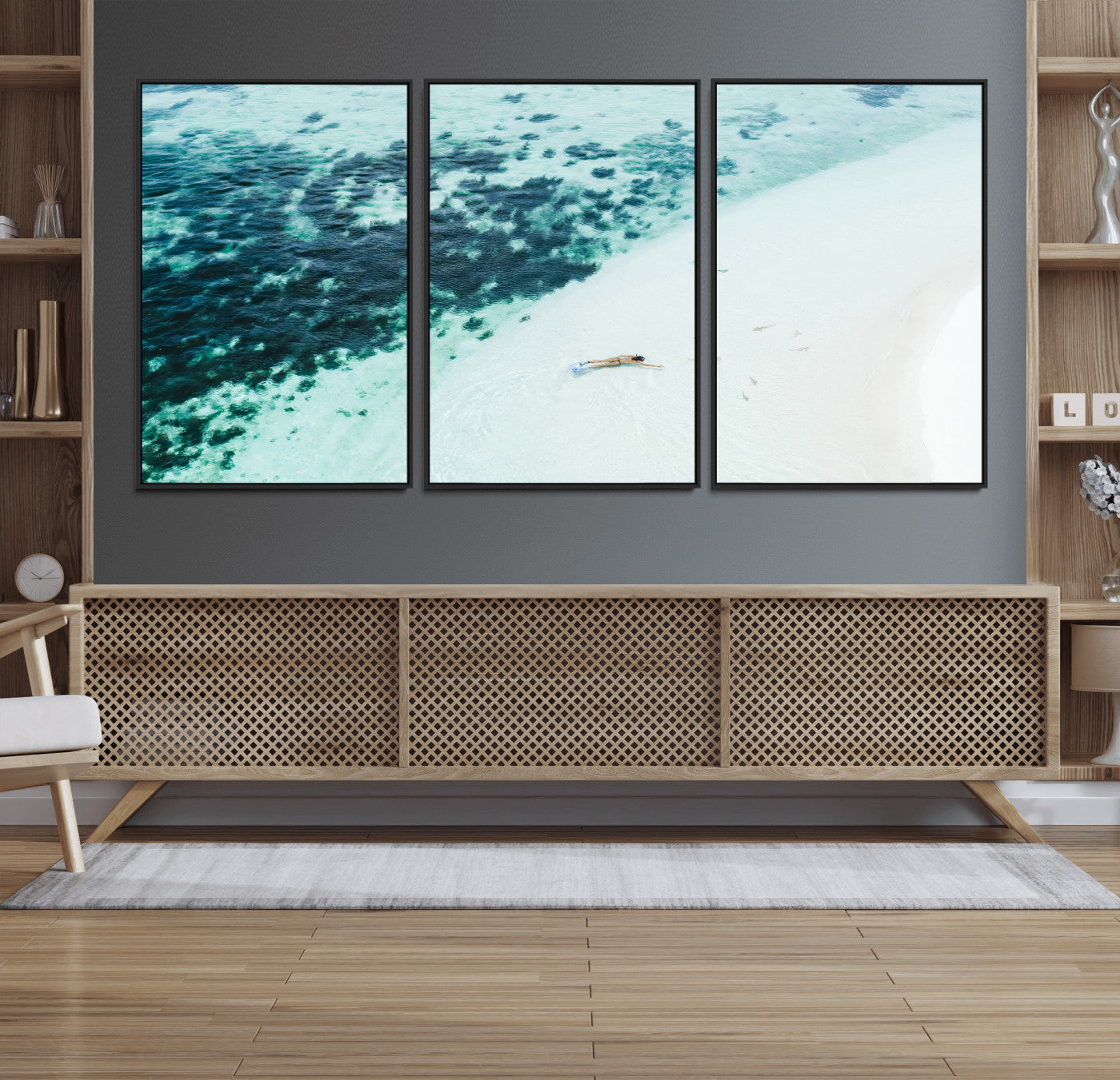 33764764-MGV-CV-36X24-Minimal Beach Wall Art Canvas Print, Framed Ocean Swimming Art Picture Print, Clear Ocean Perfect Minimal Coastal Decor Artwork