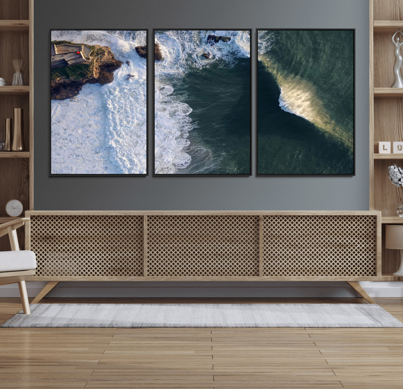 37405684-MGV-CV-36X24-Nazare Coast Wall Art Canvas Print, Framed Aerial Ocean Art Picture Print, Coastal Fortress Perfect Dramatic Coastal Decor Artwork