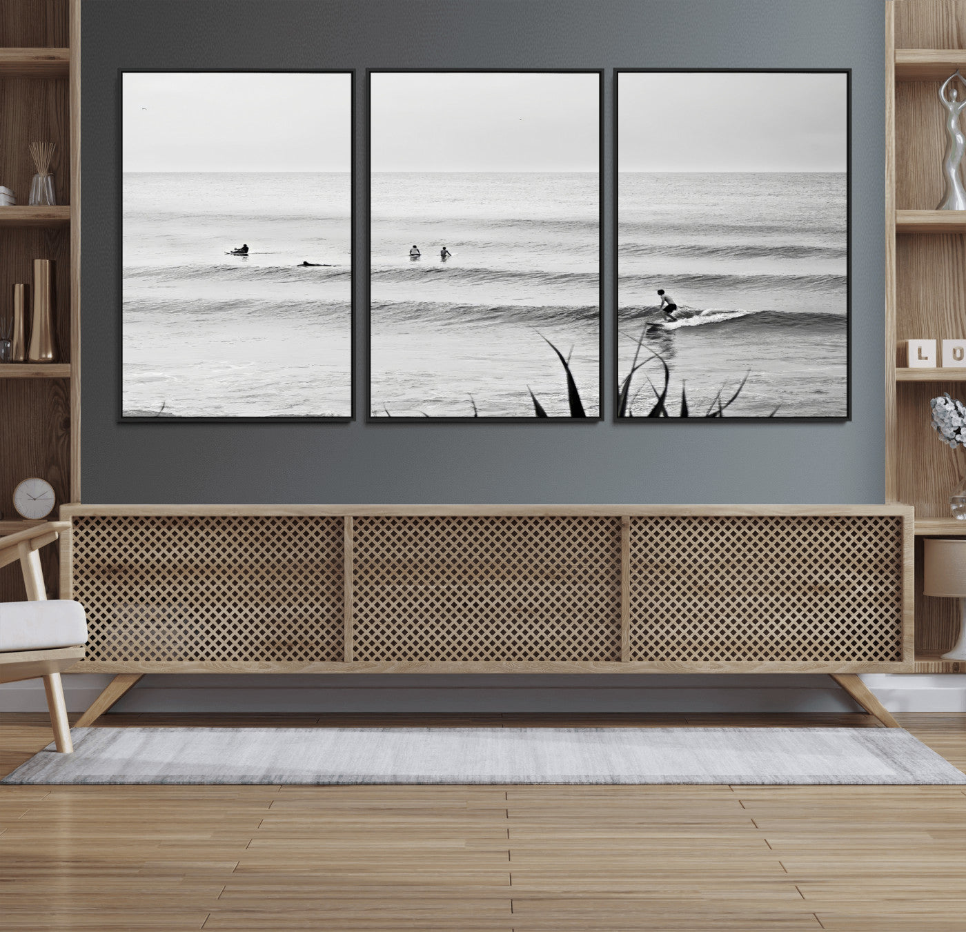 33821421-MGV-CV-36X24-Surfer Silhouette Wall Art Canvas Print, Framed Calm Ocean Art Picture Print, Monochrome Surf Perfect Minimalist Coastal Decor
