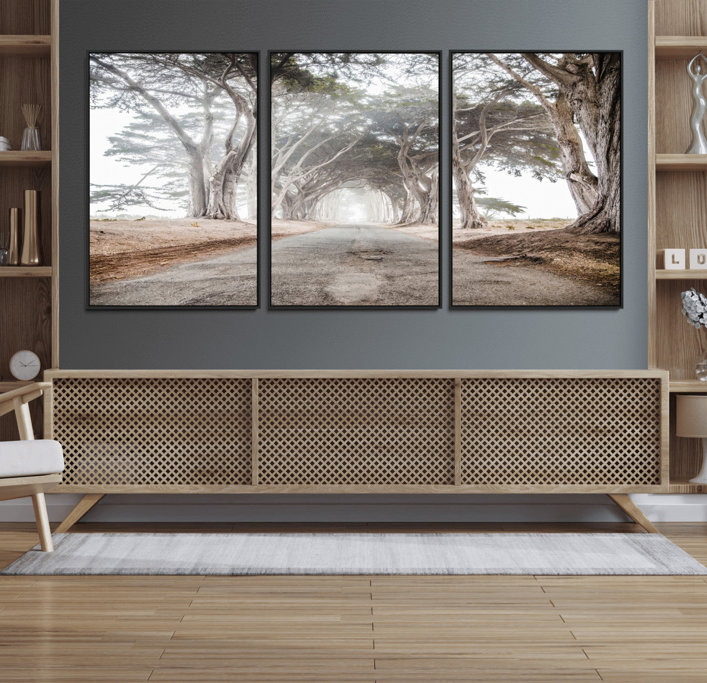 87090469-MGV-CV-36X24-Cypress Tunnel Wall Art Canvas Print, Framed Misty Road Art Picture Print, Foggy Trees Perfect Rustic Woodland Decor Artwork