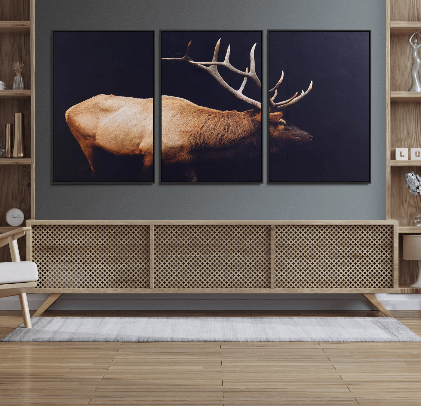 91871131-MGV-CV-36X24-Rustic Elk Art Wall Art Canvas Print, Framed Moody Wildlife Decor Art Picture Print, Western Animal Print Perfect Western Lodge