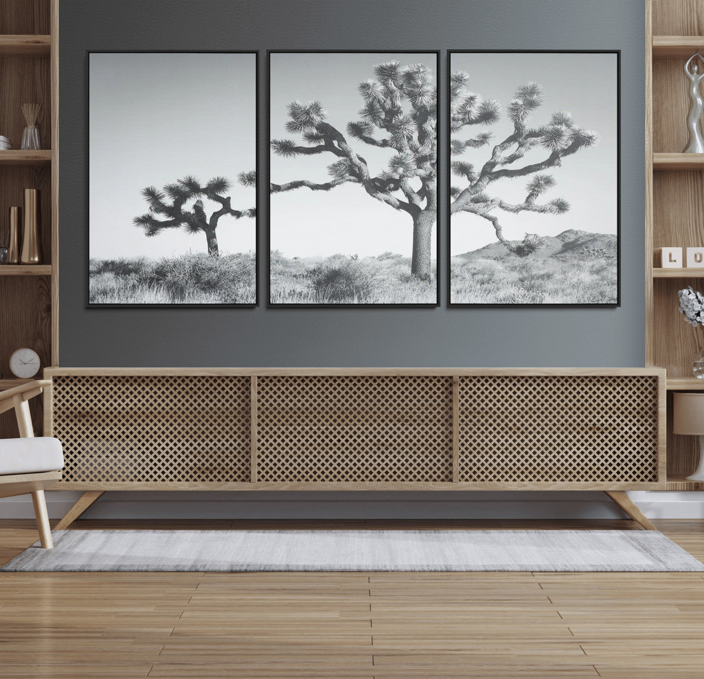 29996209-MGV-FC-60X30-3P_Black-Joshua Tree Art Wall Art Canvas Print, Framed Black White Landscape Art Picture Print, Desert Tree Decor Perfect Southwestern Boho