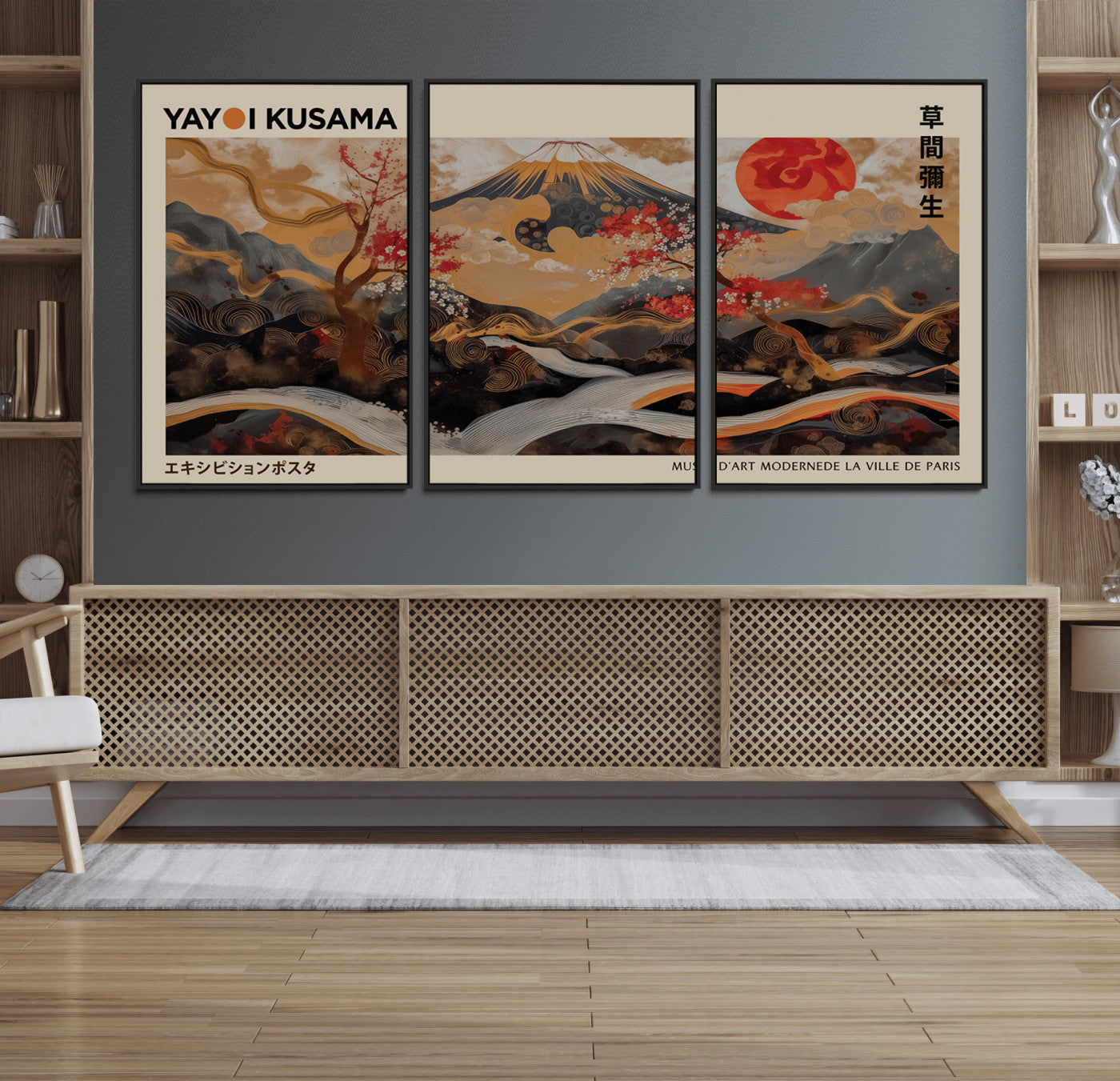 77970791-MGV-FC-60X30-3P_Black-Mount Fuji Golden Abstract Wall Art – Japanese Landscape Canvas Poster, Cherry Blossom & Red Sun Painting, Elegant Zen Oriental