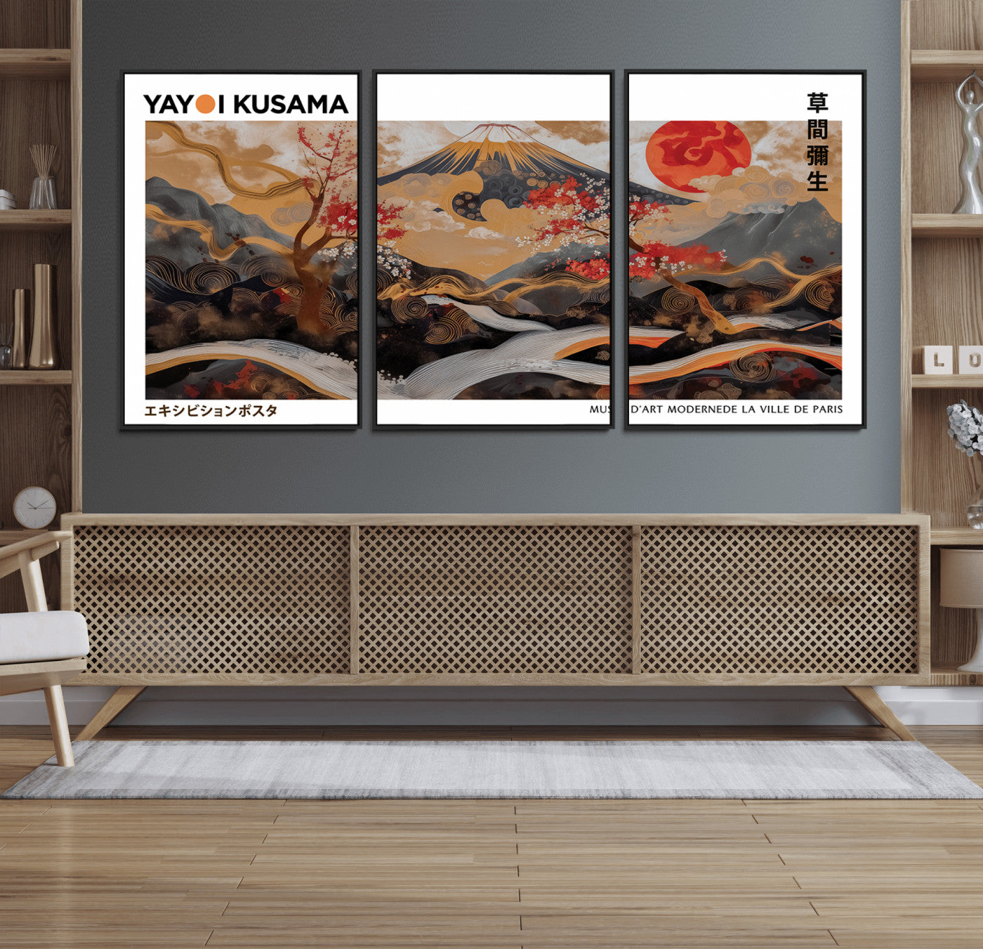 85375874-MGV-FC-60X30-3P_Black-Mount Fuji Abstract Wall Art – Japanese Landscape Canvas Print, Cherry Blossom & Red Sun Painting, Elegant Modern Zen Asian Home