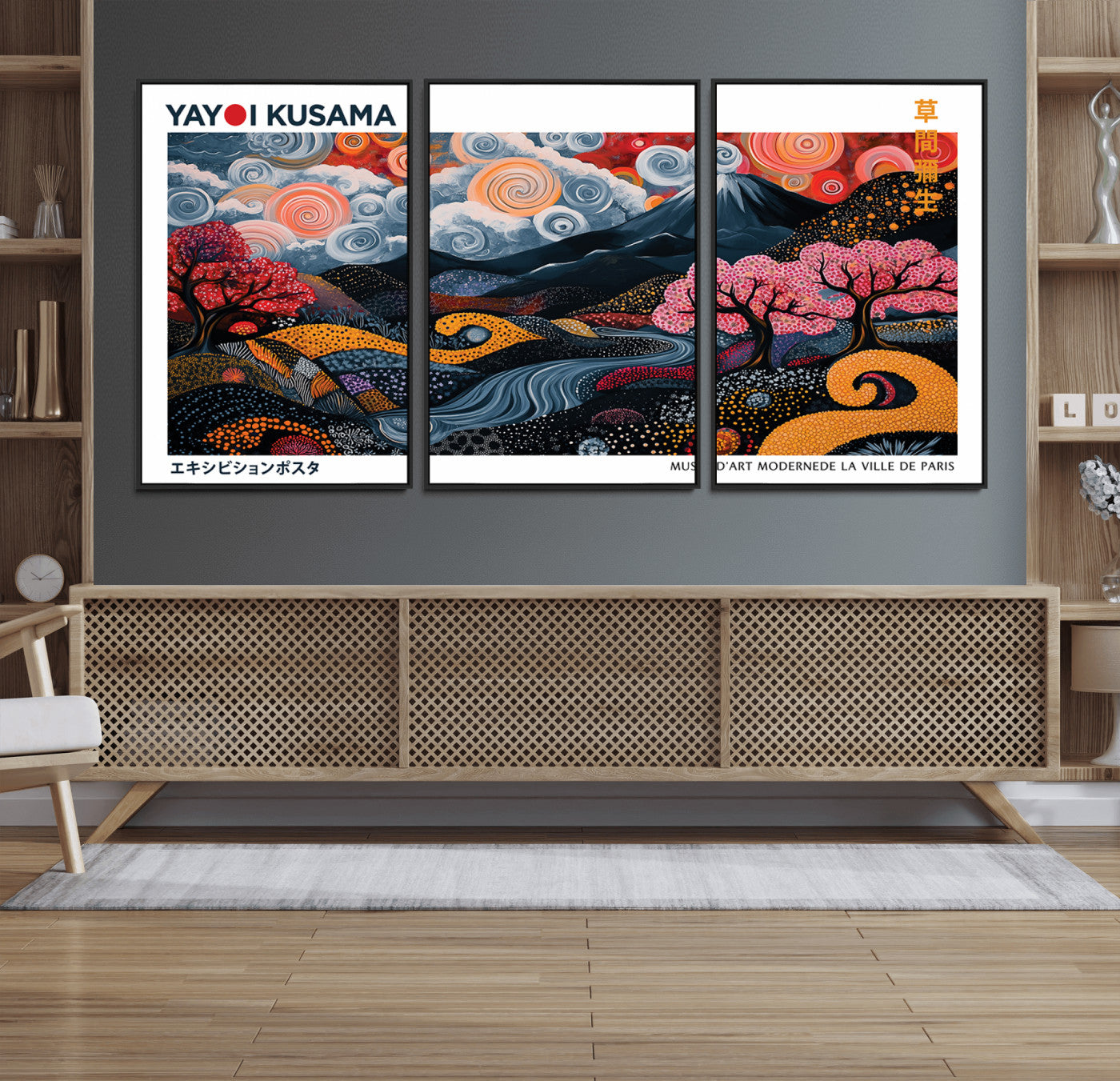43879290-MGV-FC-60X30-3P_Black-Japanese Abstract Wall Art – Mount Fuji Cherry Blossom Canvas Print, Modern Asian Inspired Landscape Decor for Living Room,