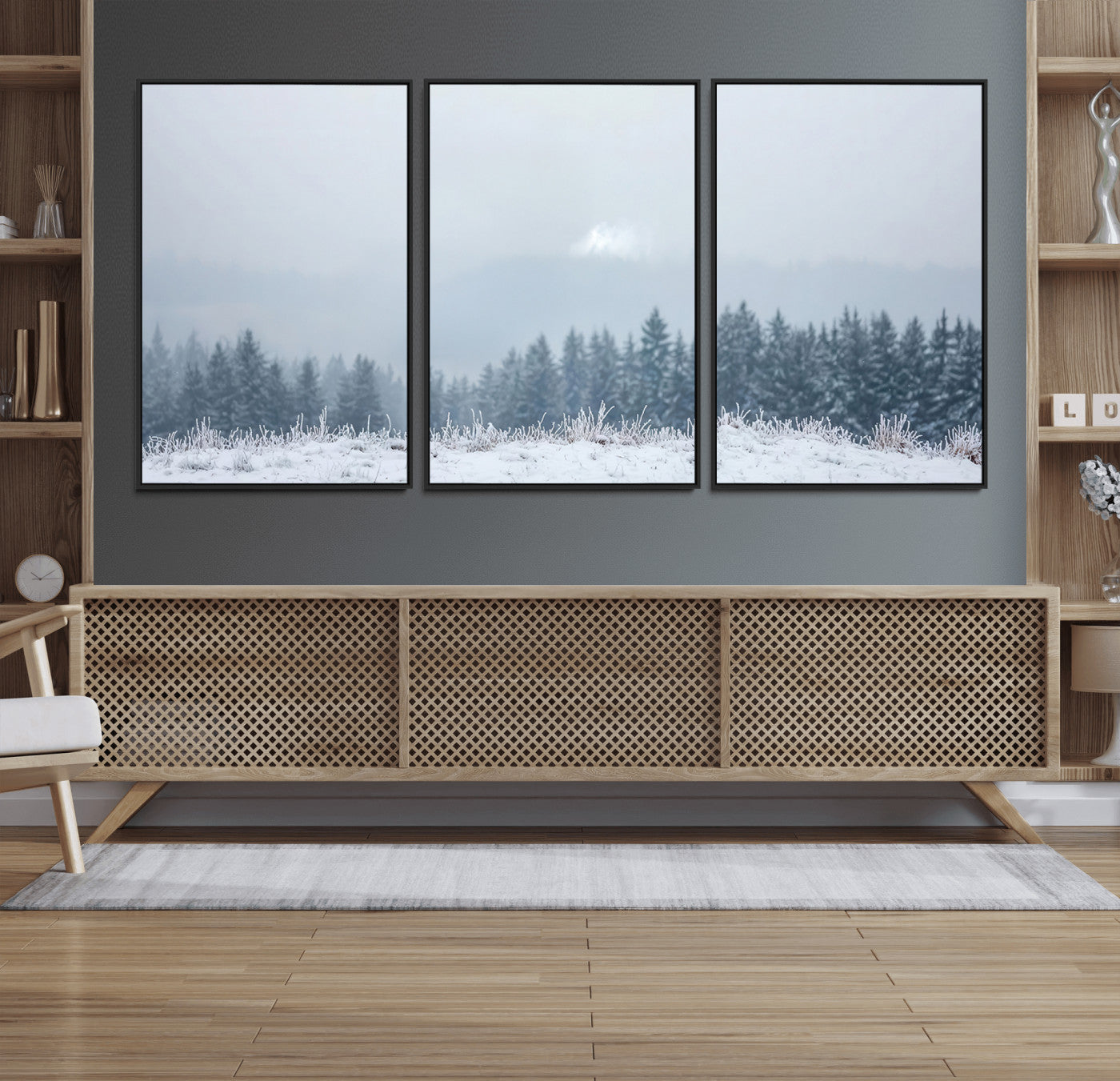 33033082-MGV-FC-60X30-3P_Black-Winter Forest Art Wall Art Canvas Print, Framed Snowy Landscape Art Picture Print, Misty Tree Scene Perfect Nordic Minimalist