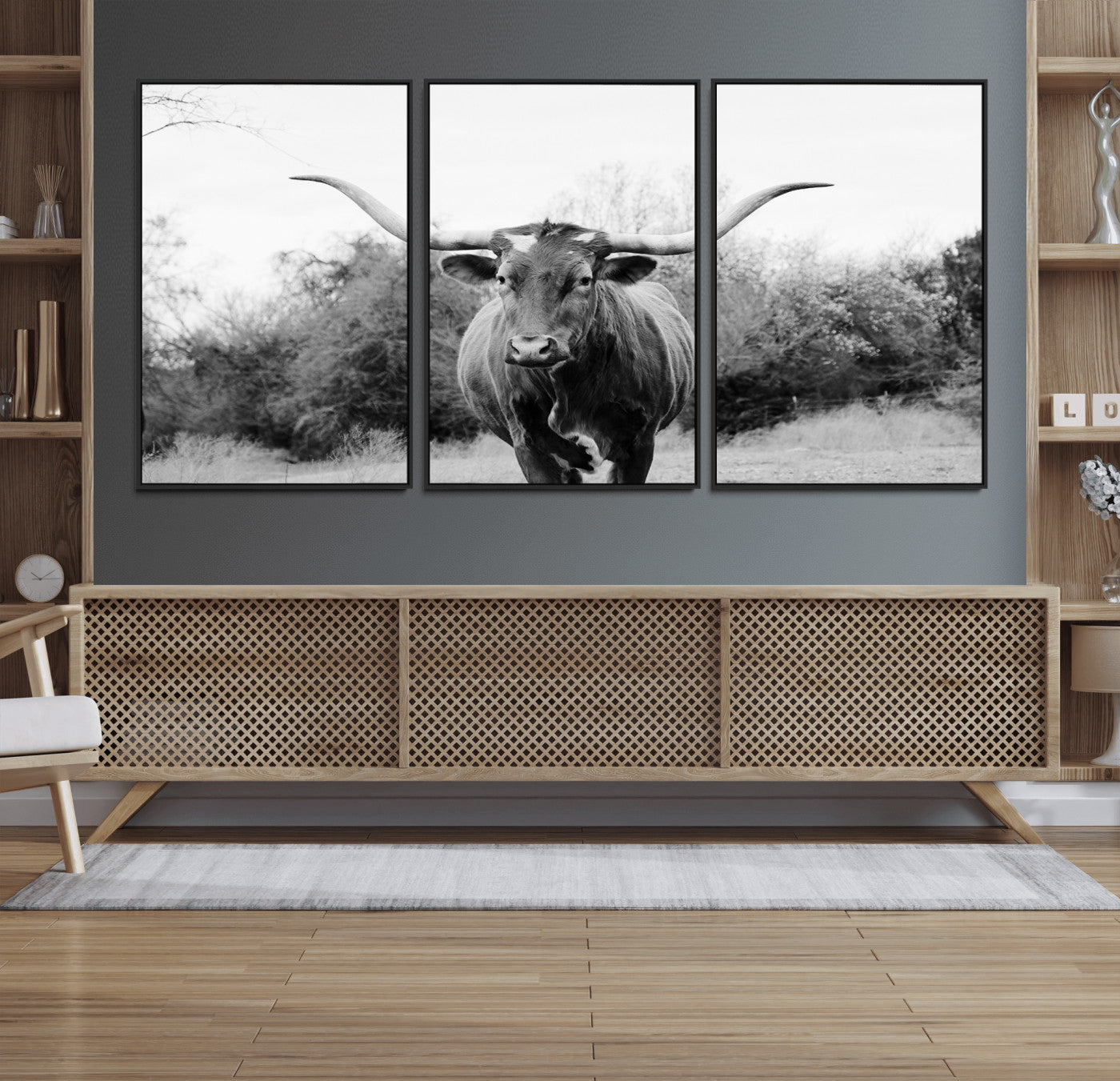 97280319-MGV-CV-36X24-Longhorn Photography Wall Art Canvas Print, Framed Western Cow Decor Art Picture Print, Texas Ranch Style Perfect Rustic Farmhouse