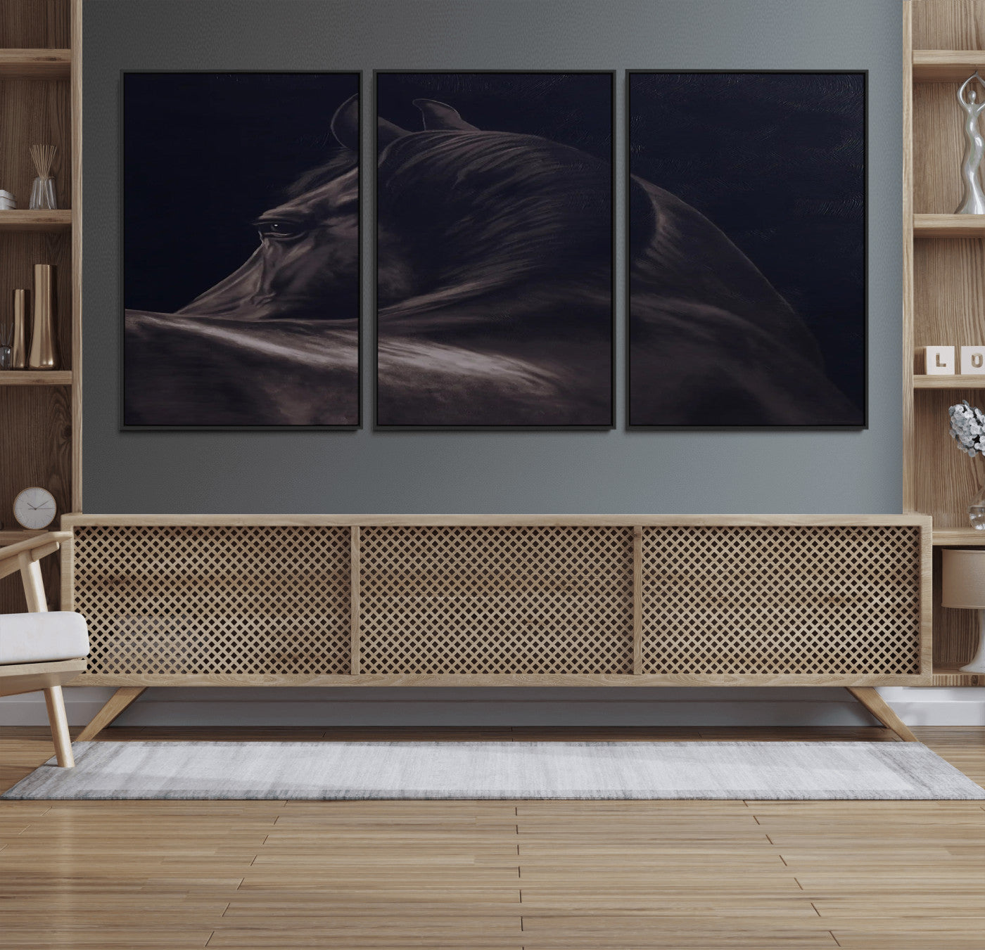 67026880-MGV-CV-36X24-Black Horse Portrait Wall Art Canvas Print, Framed Moody Horse Decor Art Picture Print, Equestrian Wall Style Perfect Masculine