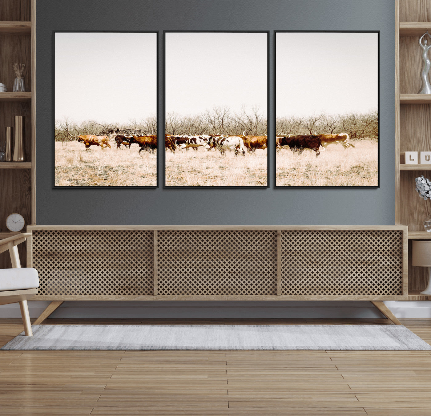 12454132-MGV-FC-60X30-3P_Black-Cow Herd Photography Wall Art Canvas Print, Framed Rustic Farmhouse Decor Art Picture Print, Western Ranch Style Perfect Rustic