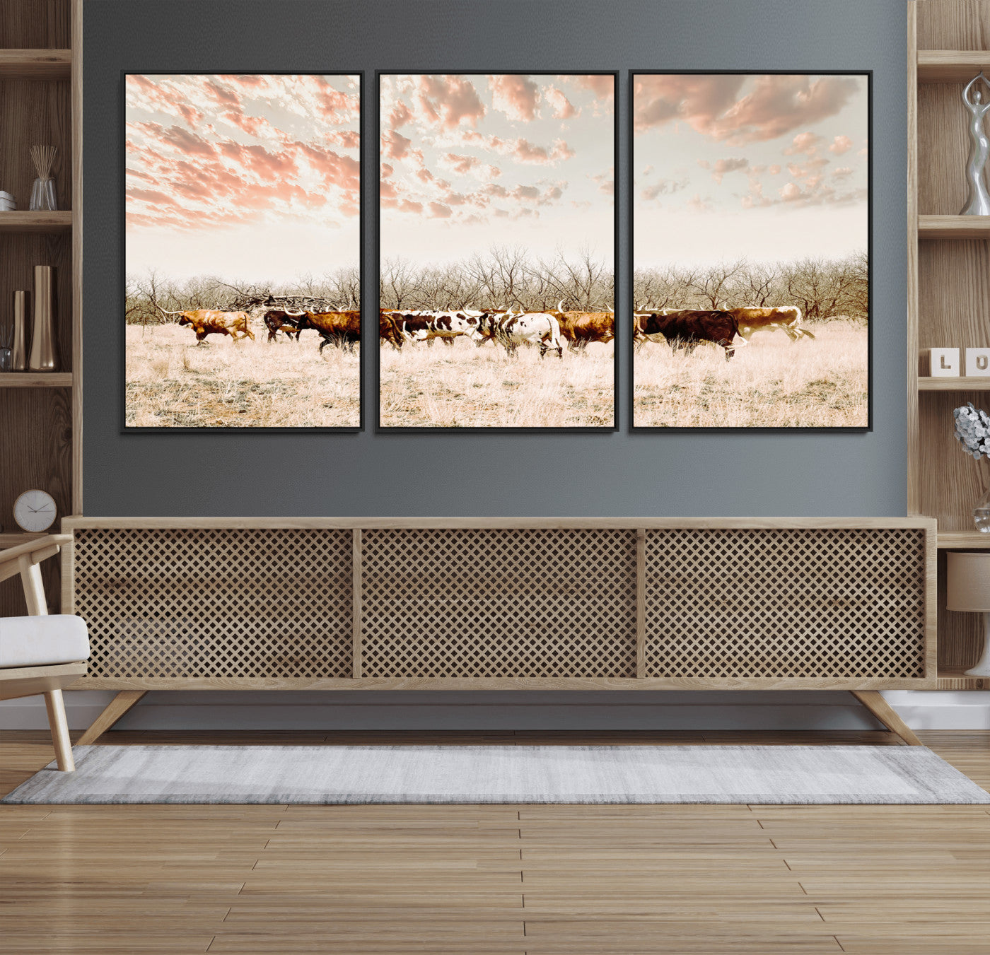 43704663-MGV-CV-36X24-Country Cow Herd Wall Art Canvas Print, Framed Farmhouse Cattle Scene Art Picture Print, Rustic Ranch Decor Perfect Rustic