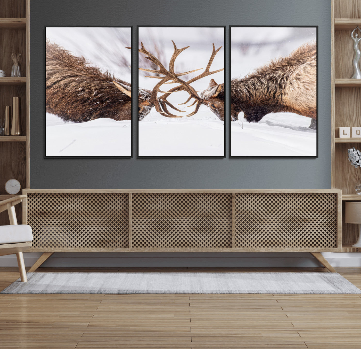 36507609-MGV-CV-36X24-Elk Clash Scene Wall Art Canvas Print, Framed Wildlife Strength Decor Art Picture Print, Snowy Forest Elk Perfect Rustic Lodge