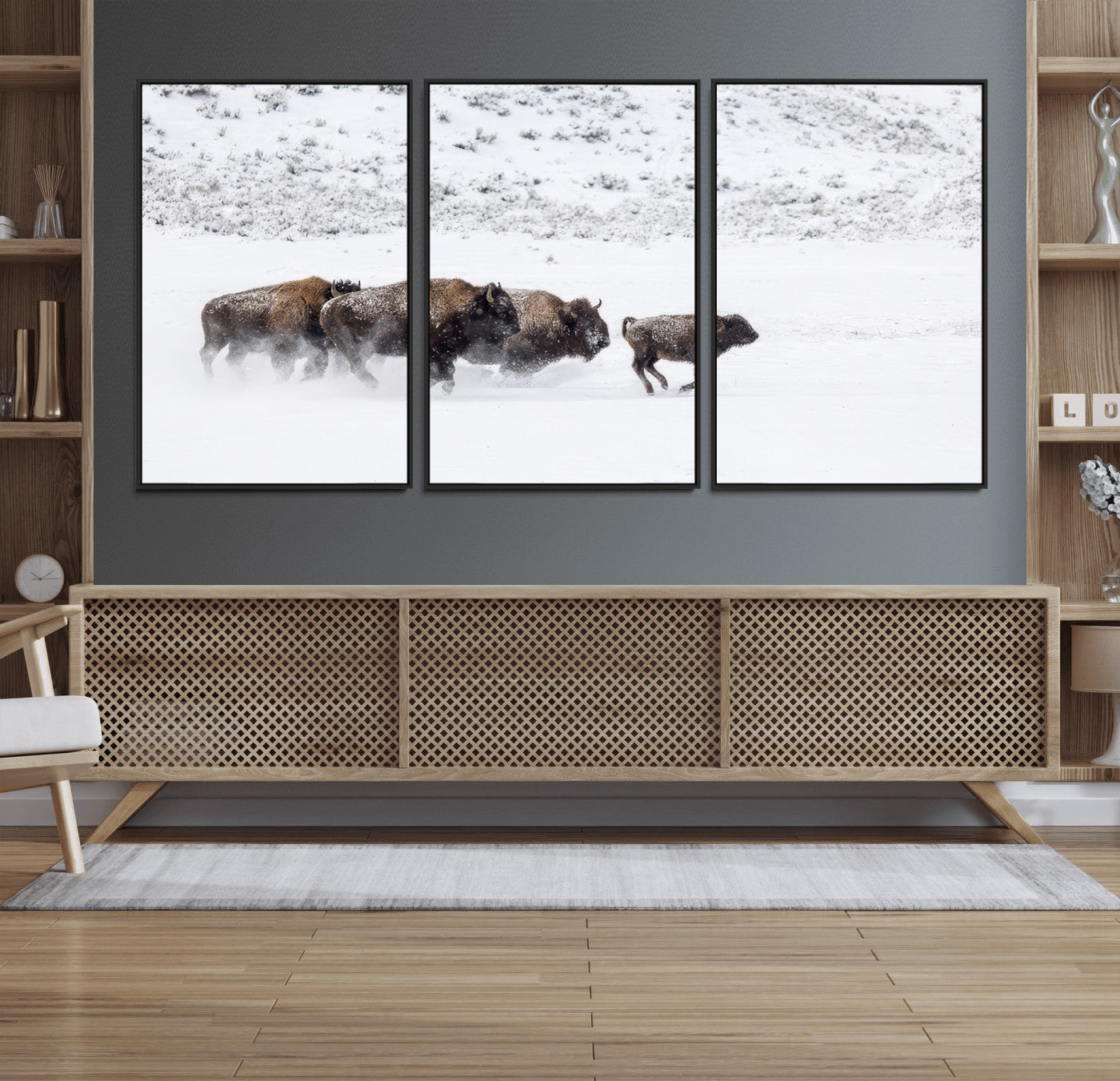 56216945-MGV-FC-60X30-3P_Black-Bison Herd Decor Wall Art Canvas Print, Framed Snowy Bison Scene Art Picture Print, Winter Wildlife Theme Perfect Rustic Western