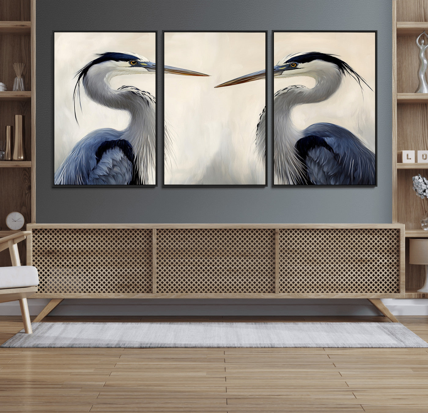 18230556-MGV-FC-60X30-3P_Black-Blue Heron Pair Wall Art Canvas Print, Framed Coastal Bird Theme Art Picture Print, Tranquil Wildlife Scene Perfect Coastal