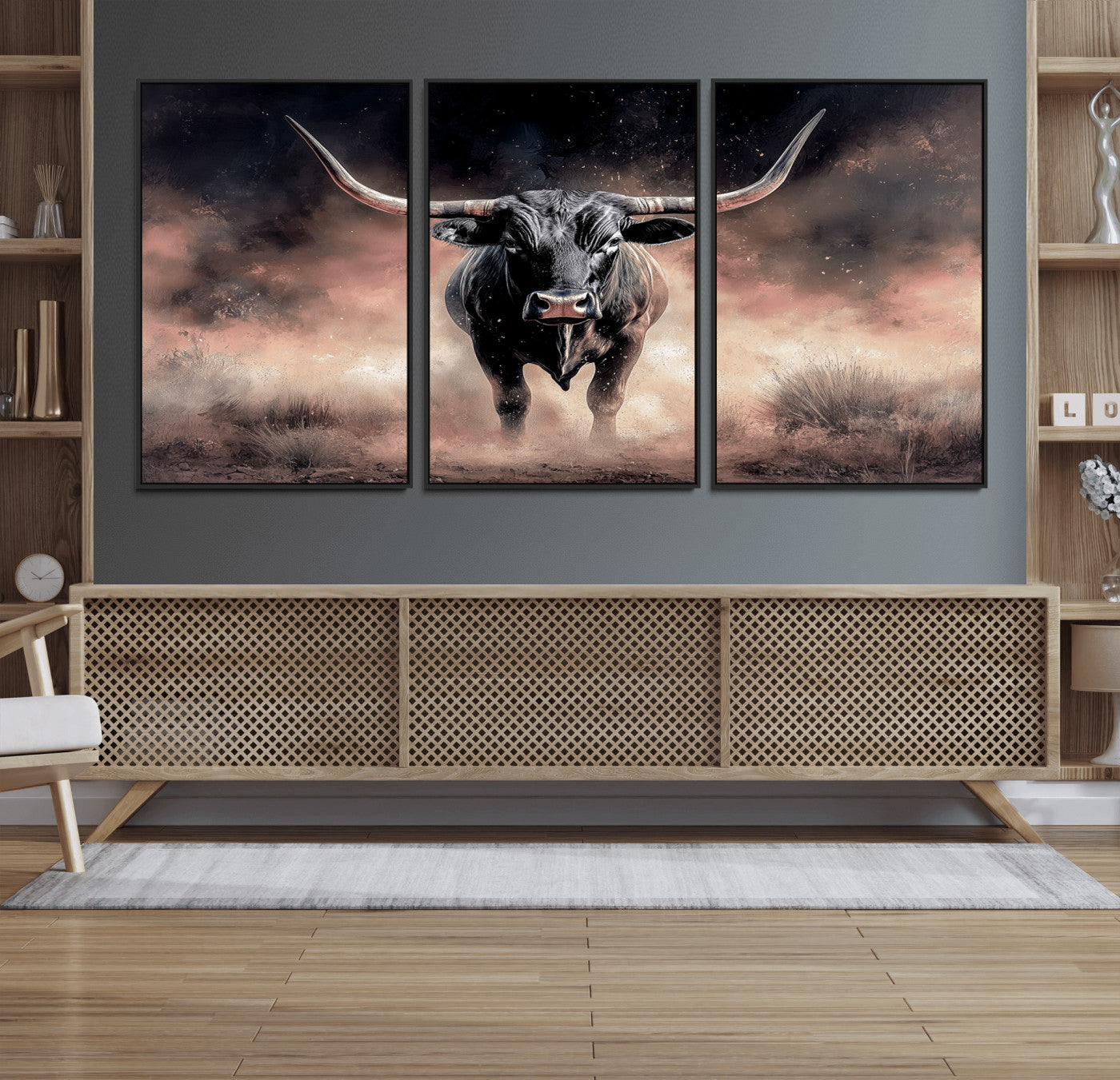 71457818-MGV-FC-60X30-3P_Black-Longhorn Wall Art Wall Art Canvas Print, Framed Western Bull Canvas Art Picture Print, Rustic Cow Decor Perfect Western Dramatic