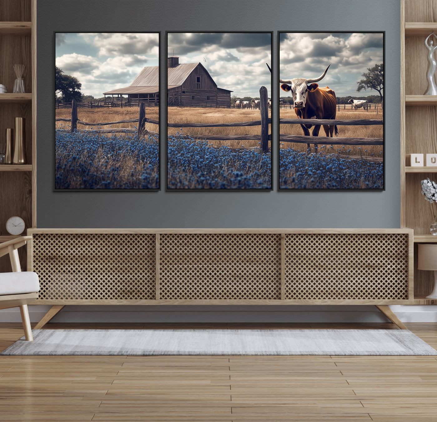 51092814-MGV-FC-60X30-3P_Black-Texas Longhorn Wall Art Wall Art Canvas Print, Framed Rustic Barn Canvas Art Picture Print, Farmhouse Cow Decor Perfect Rustic