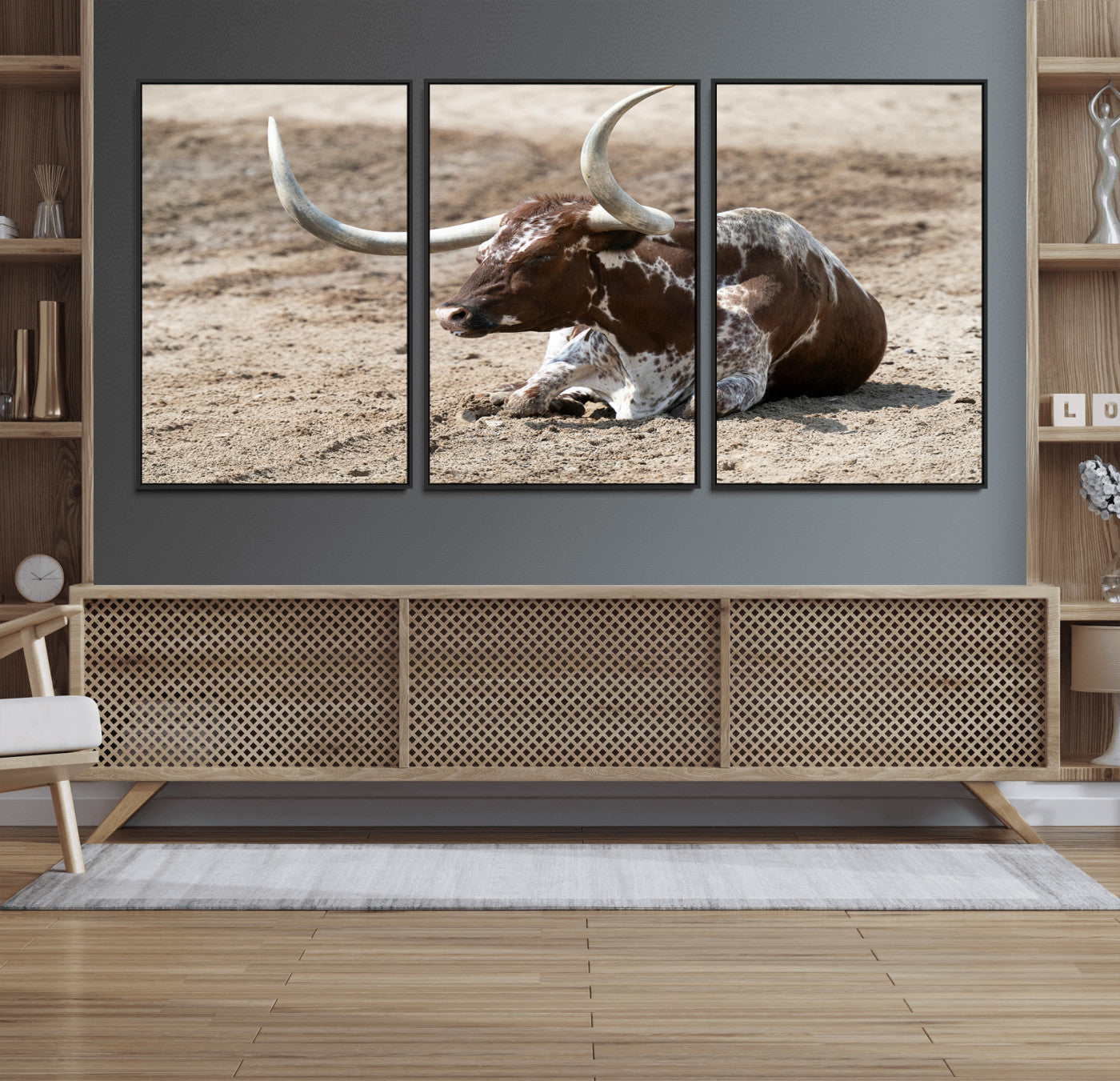 76549210-MGV-CV-36X24-Texas Longhorn Wall Art Canvas Print, Framed Country Living Art Picture Print, Farmhouse Aesthetic Perfect Western Rustic Decor