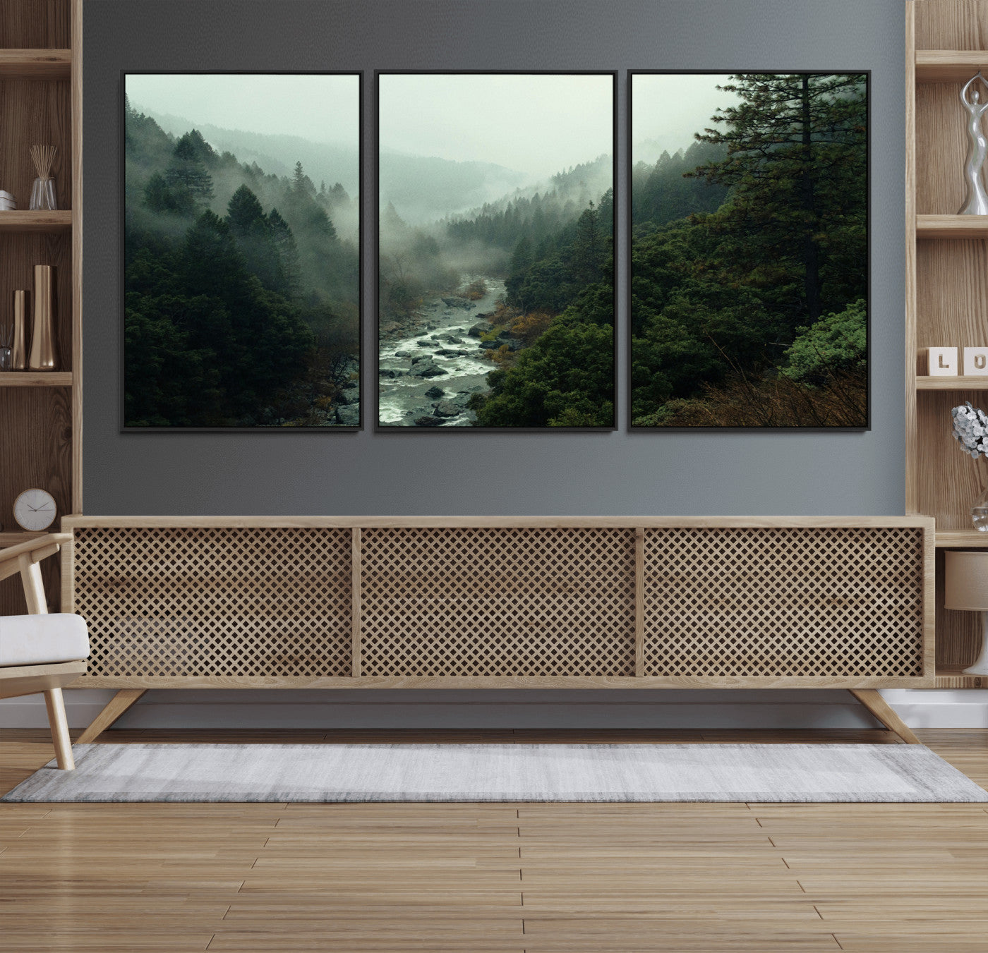 48497565-MGV-FC-60X30-3P_Black-Misty Forest Wall Art Canvas Print, Framed Foggy River Art Picture Print, Moody Landscape Perfect Moody Wilderness Decor Artwork