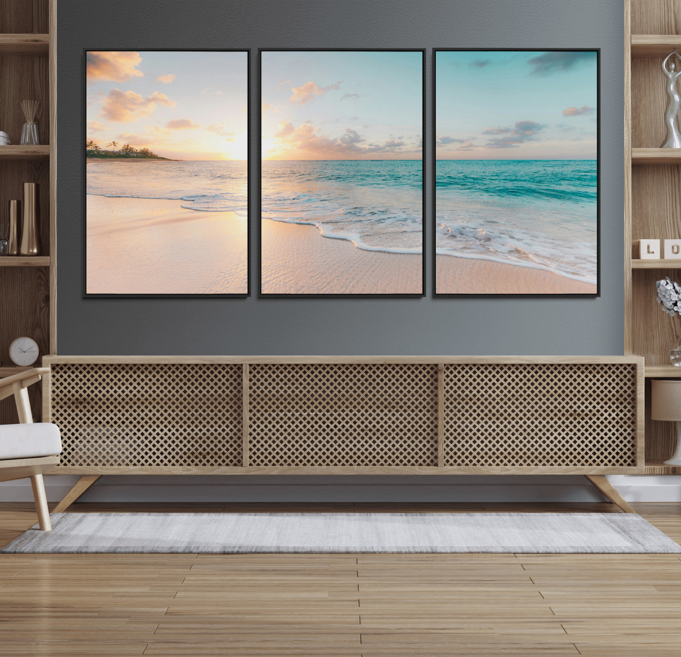 94538225-MGV-FC-60X30-3P_Black-Beach Sunset Wall Art Canvas Print, Framed Ocean Waves Art Picture Print, Summer Escape Perfect Coastal Serenity Decor Artwork