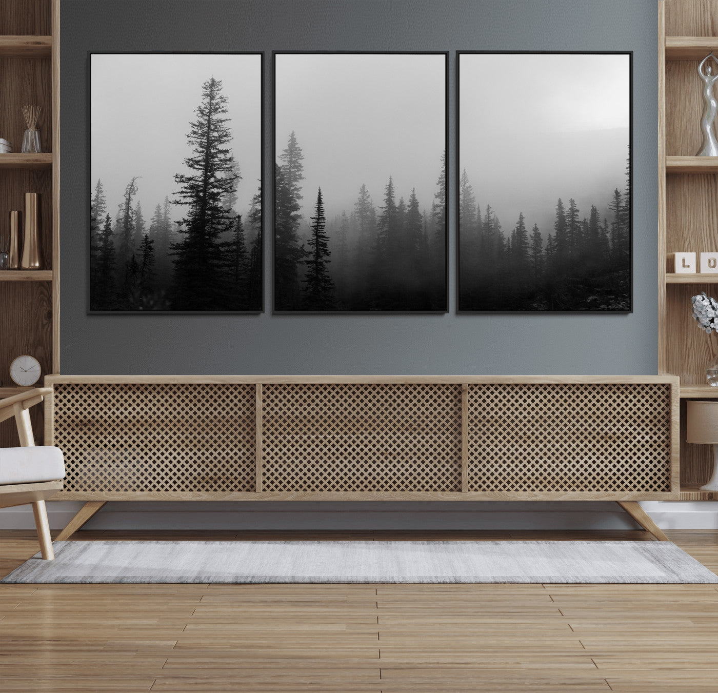 73138900-MGV-FC-60X30-3P_Black-Misty Pines Wall Art Canvas Print, Framed Woodland Photography Art Picture Print, Minimalist Decor Perfect Modern Rustic Decor