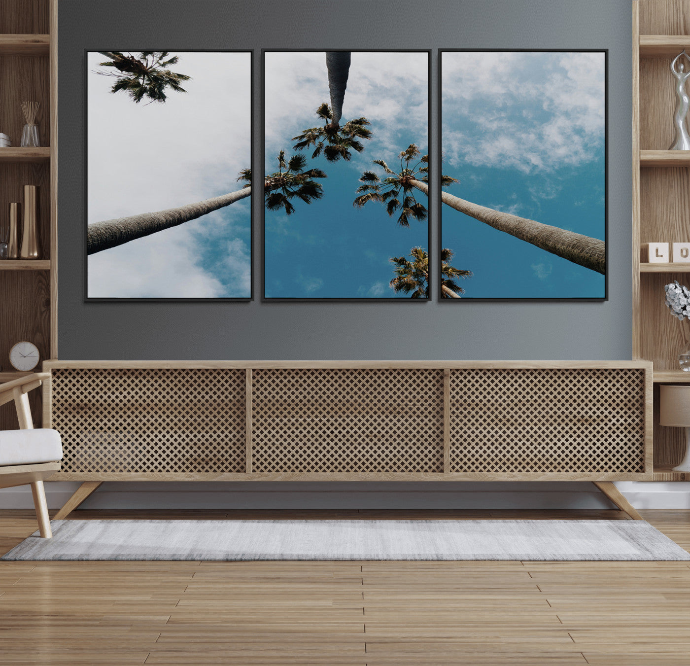 45236398-MGV-FC-60X30-3P_Black-Tropical Palm Trees Wall Art Canvas Print, Framed California Sky Art Picture Print, Minimalist Nature Perfect Coastal Minimalist