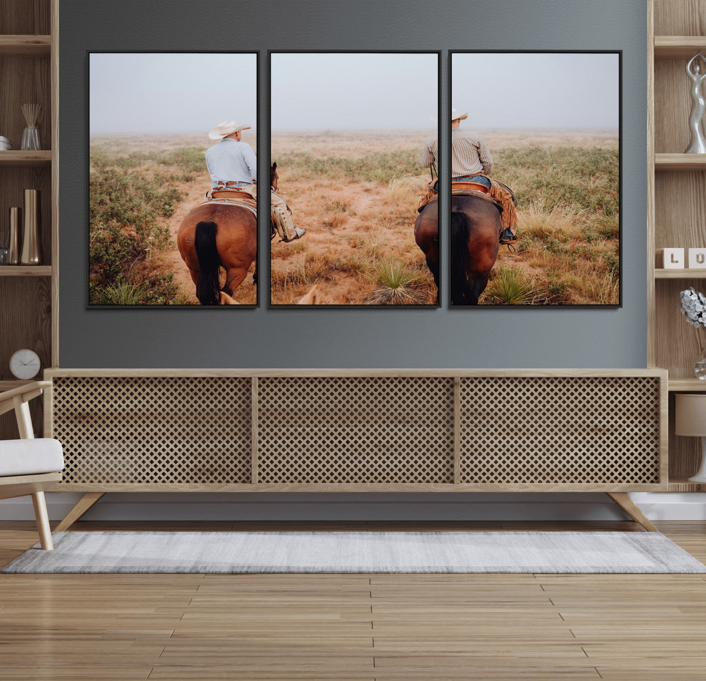 54943176-MGV-FC-60X30-3P_Black-Cowboy Wall Art Wall Art Canvas Print, Framed Western Canvas Art Picture Print, Rustic Ranch Scene Perfect Rustic Western Decor