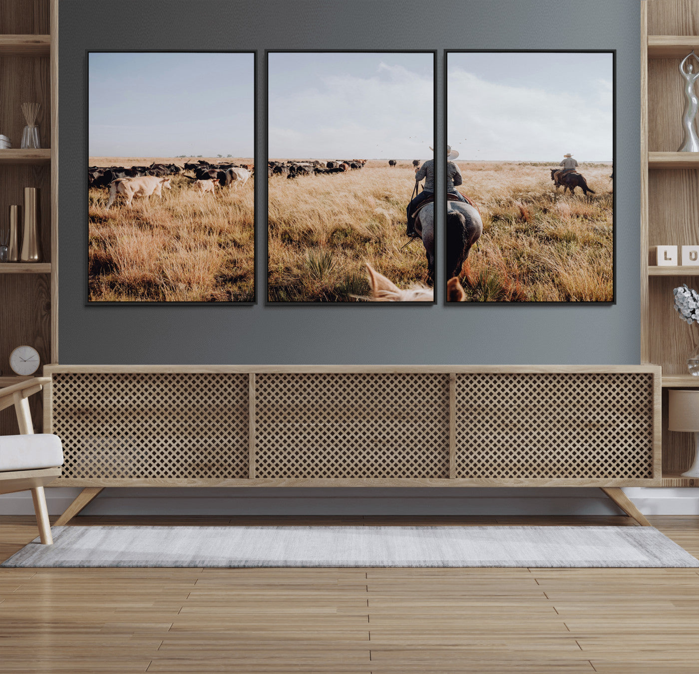 22431577-MGV-FC-60X30-3P_Black-Western Wall Art Wall Art Canvas Print, Framed Cowboy Canvas Art Picture Print, Cattle Drive Scene Perfect Rustic Western Decor