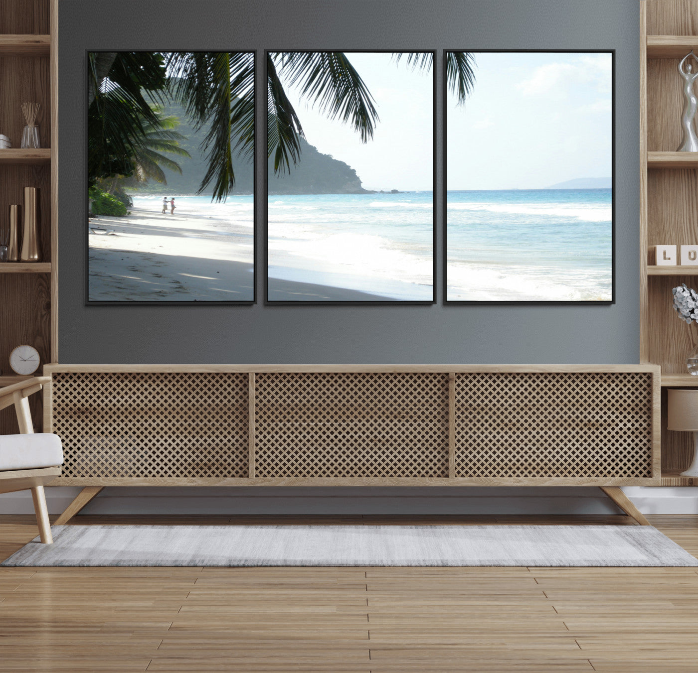 18311030-MGV-FC-60X30-3P_Black-Tropical Beach Wall Art Canvas Print, Framed Serene Ocean Art Picture Print, Palm Tree Shadows Perfect Tropical Coastal Decor