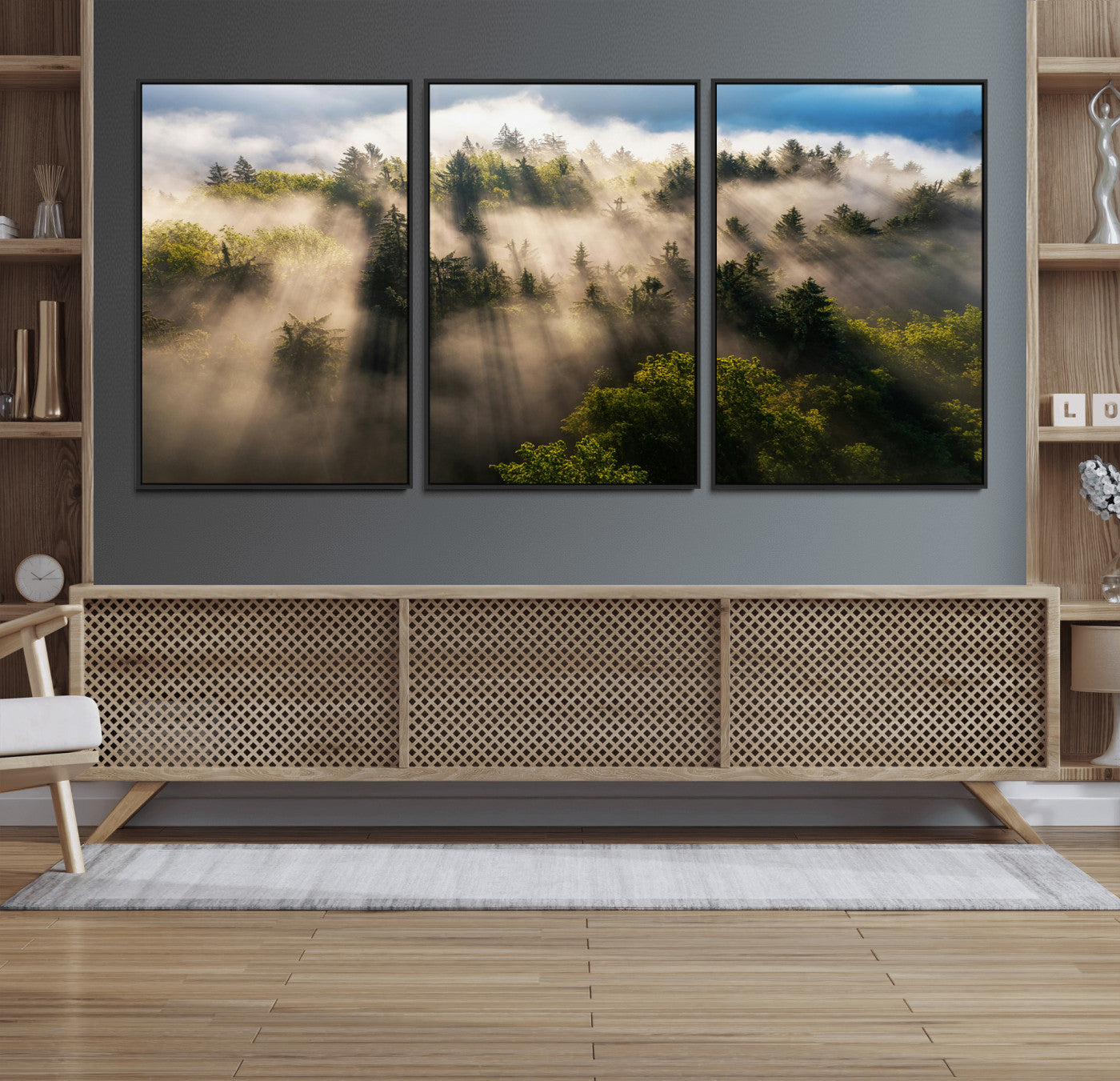 14785710-MGV-FC-60X30-3P_Black-Tranquil Forest Scene Wall Art Canvas Print, Framed Sunbeam Through Trees Art Picture Print, Moody Green Wall Art Perfect