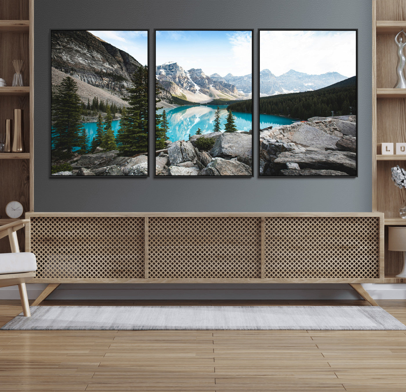 98014896-MGV-FC-60X30-3P_Black-Canadian Rockies Wall Art Canvas Print, Framed Mountain Landscape Art Picture Print, Turquoise Water Perfect Scandinavian