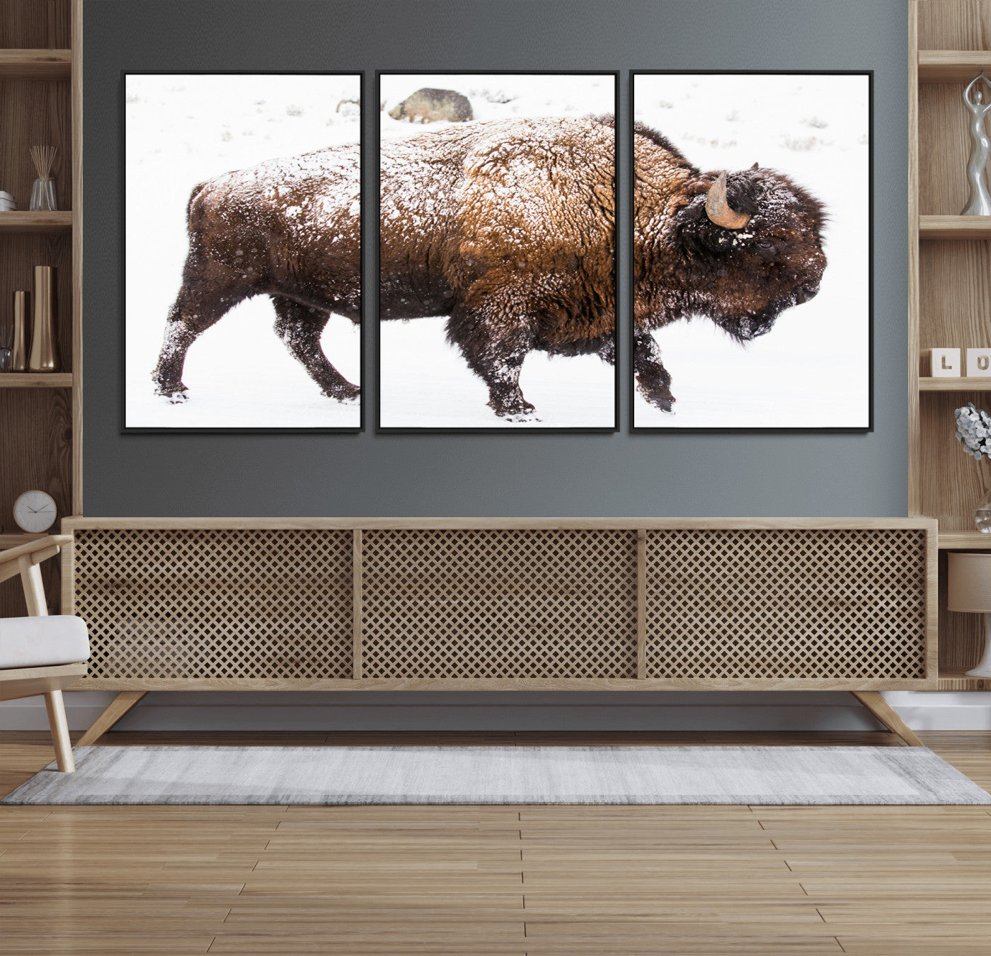 94261165-MGV-FC-60X30-3P_Black-Snowy Buffalo Wall Art Canvas Print, Framed Wildlife Photography Art Picture Print, Brown Tones Perfect Rustic Lodge Decor Decor