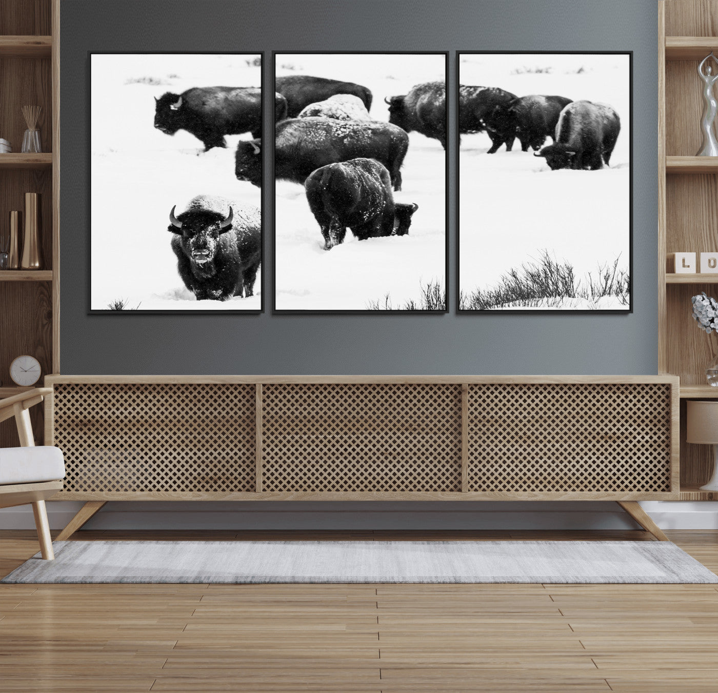 18914414-MGV-FC-60X30-3P_Black-Buffalo Herd Wall Art Canvas Print, Framed Black and White Art Picture Print, Snowy Landscape Perfect Rustic Lodge Decor Decor