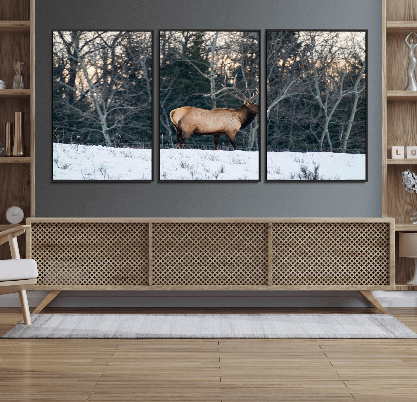 36533178-MGV-FC-60X30-3P_Black-Wild Elk Photography Wall Art Canvas Print, Framed Winter Wildlife Art Picture Print, Snowy Forest Perfect Rustic Lodge Decor