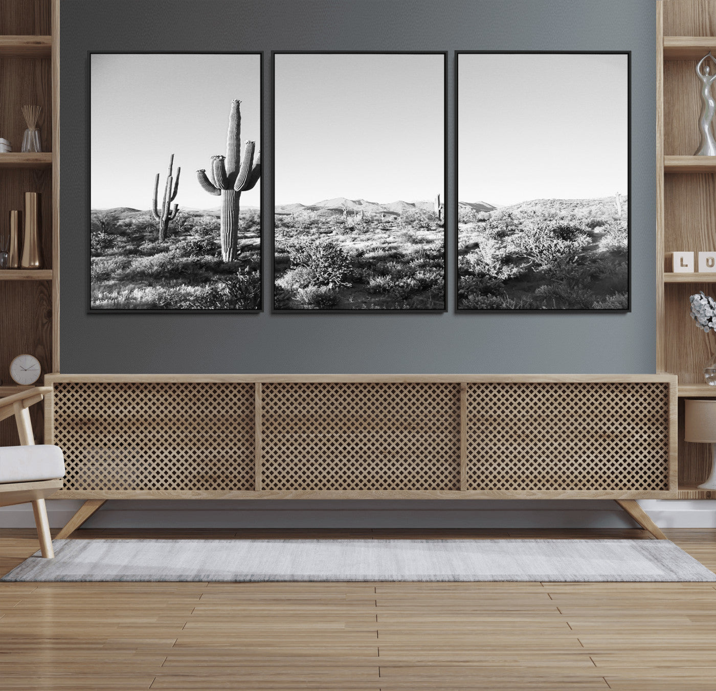 85205054-MGV-FC-60X30-3P_Black-Saguaro Cactus Wall Art Canvas Print, Framed Monochrome Landscape Art Picture Print, Scenic Arizona View Perfect Minimalist