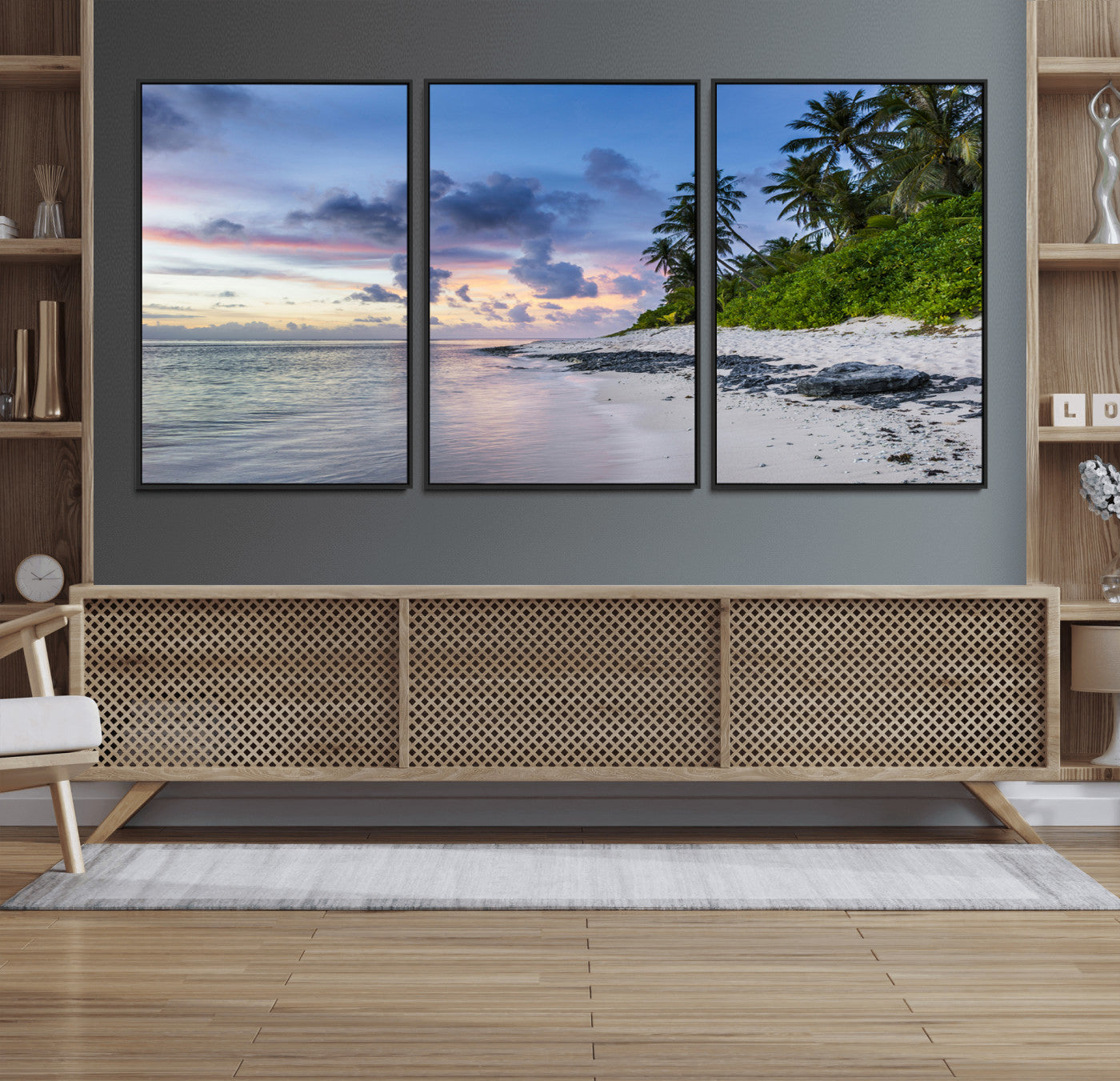 75045485-MGV-FC-60X30-3P_Black-Tropical Beach Wall Art Canvas Print, Framed Sunset Glow Art Picture Print, Palm Tree Coast Perfect Tropical Coastal Decor Artwork
