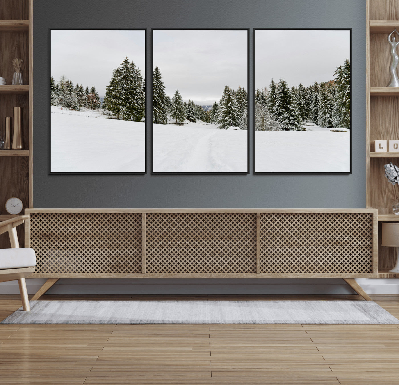 24581417-MGV-FC-60X30-3P_Black-Frosty Pines Wall Art Canvas Print, Framed Silent Snowfall Art Picture Print, Cozy Cabin Vibes Perfect Nordic Minimalist Decor
