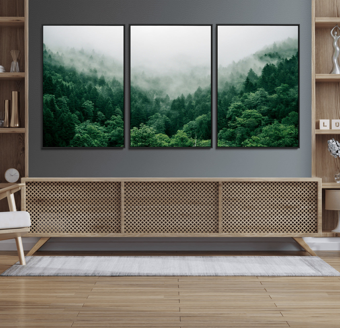 45265379-MGV-FC-60X30-3P_Black-Misty Forest Wall Art – Green Mountain Pine Tree Landscape Canvas Print, Nature Photography Artwork Home Decor for Bedroom, Living