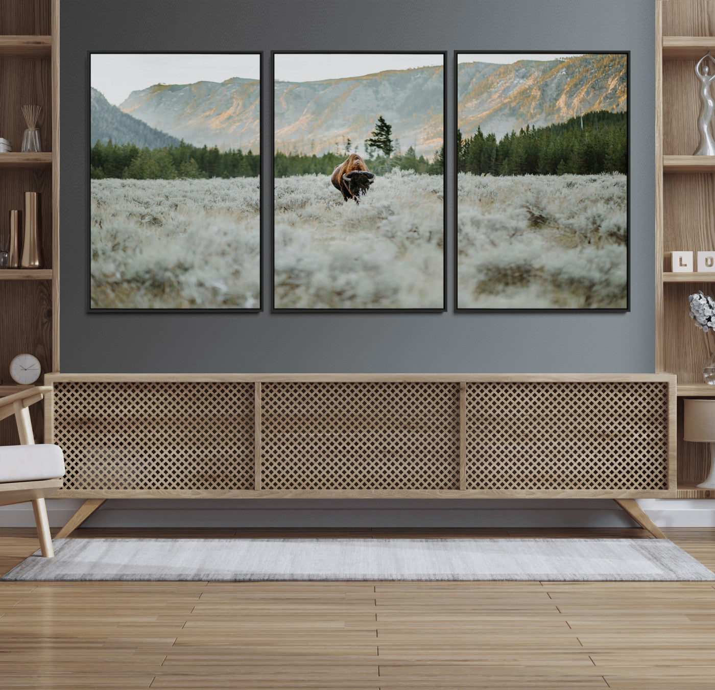 41674074-MGV-CV-36X24-Bison Wall Art – American Buffalo Wildlife Photography Canvas Print, Western Mountain Landscape Artwork Rustic Nature Decor for